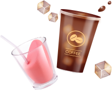 분홍색 음료 컵과 커피컵, 얼음 조각이 떠있는 3d 아이콘